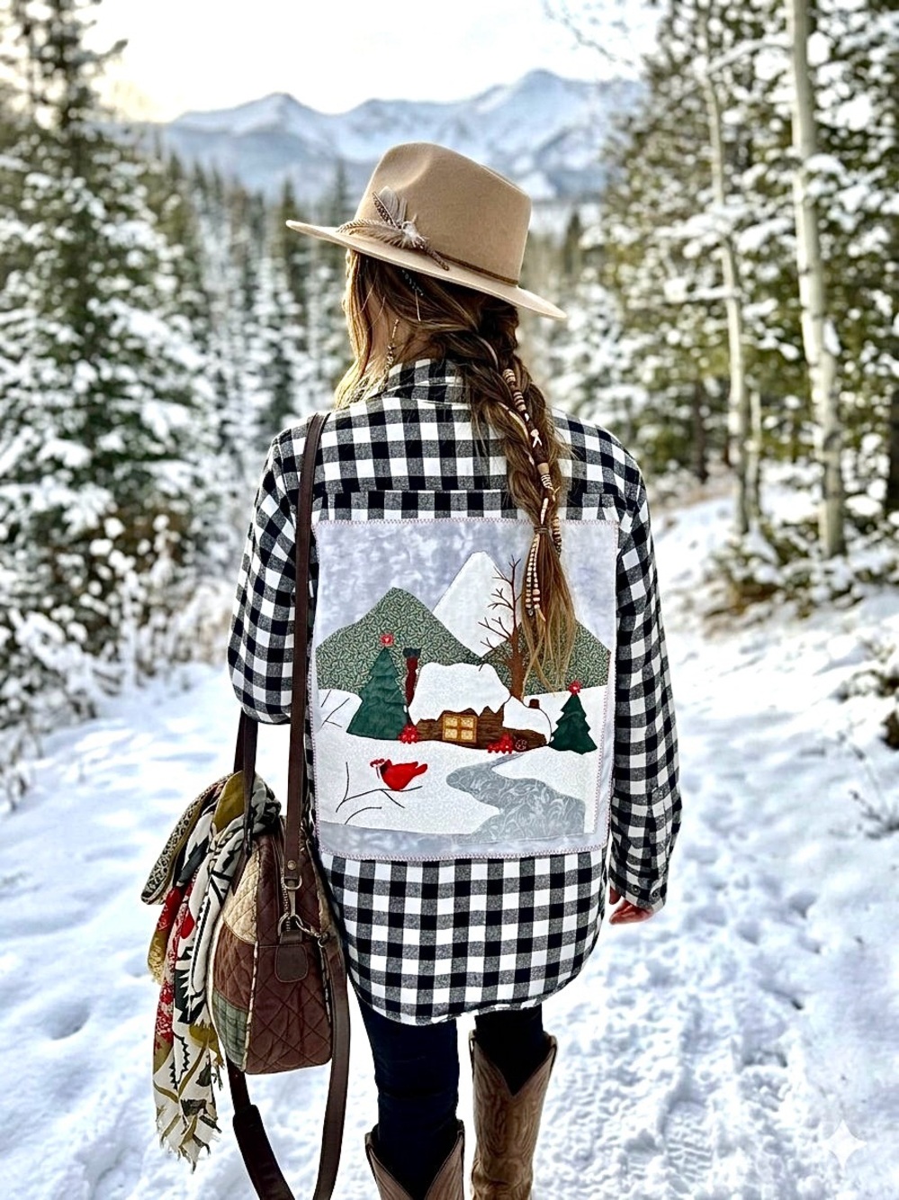 Wearable ART Plaid Holiday Christmas artisan cabin winter applique patchwork